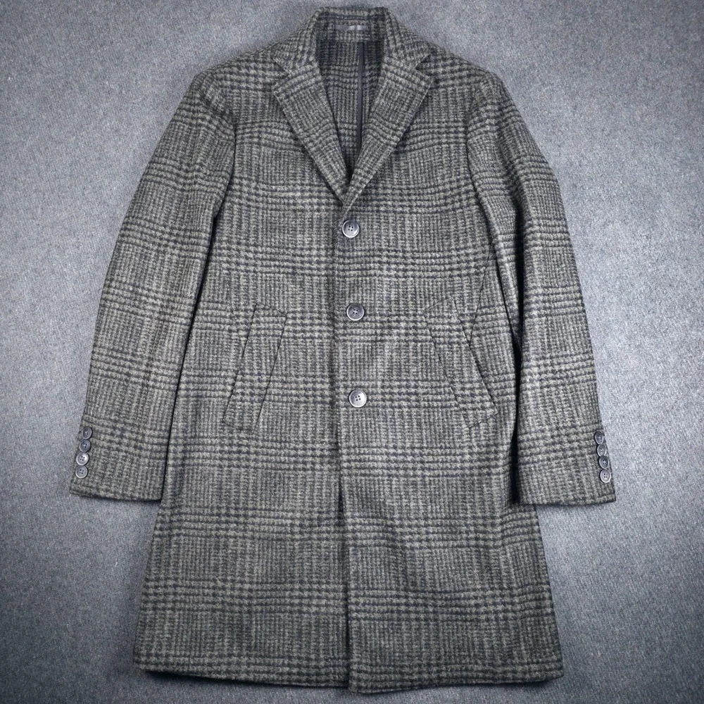 Hackett London Tweed  Pea Coat Mens 36R Dark Brown Glen Check Wool Blend Luxury